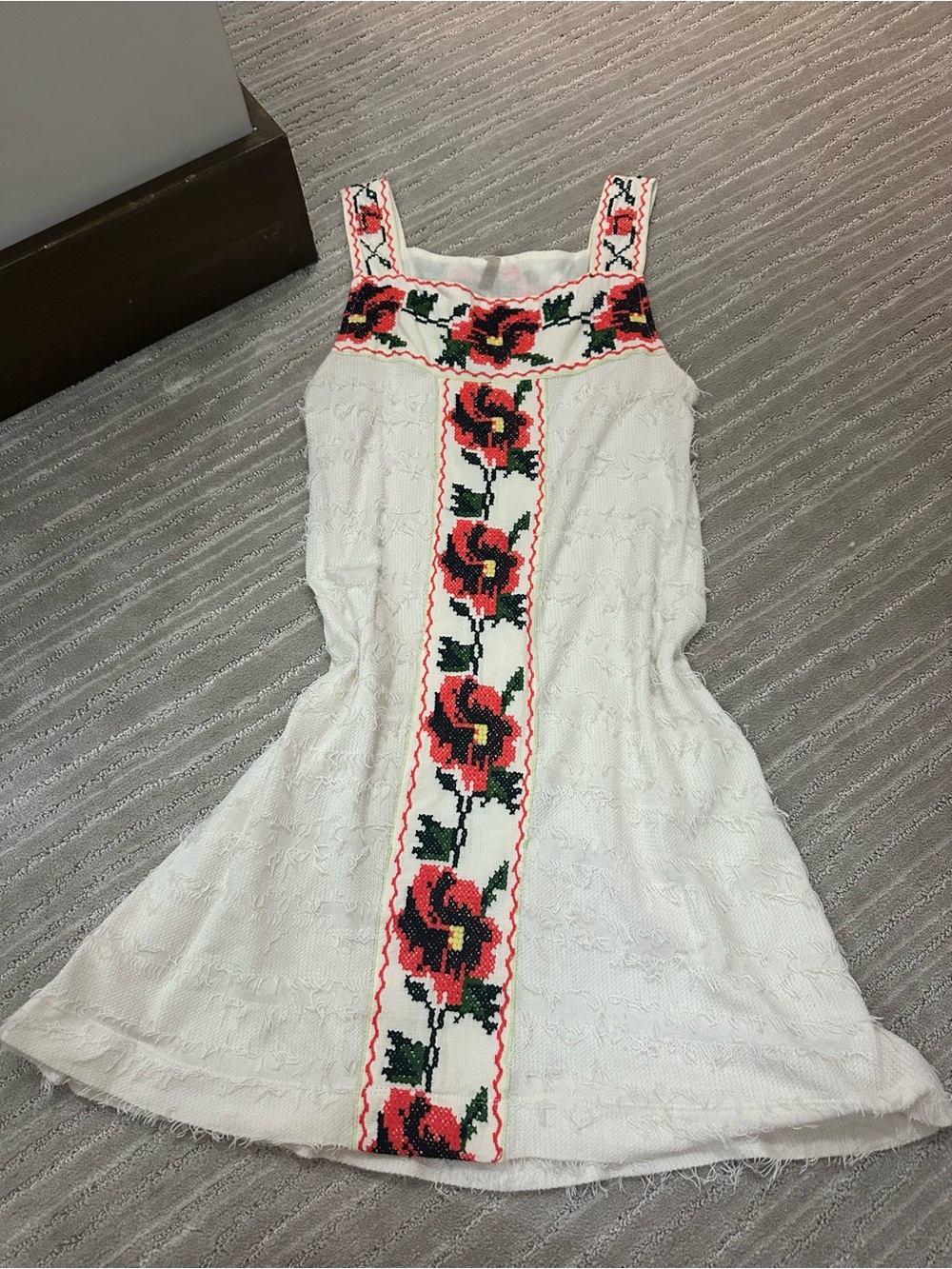 Free People White Mini Dress with Red Floral Embroidery